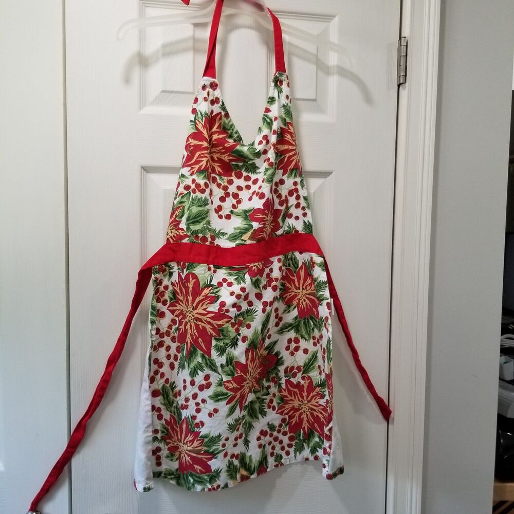 Vintage Poinsettia Holiday Apron 100% Cotton Red Trim Christmas Kitchen Decor
